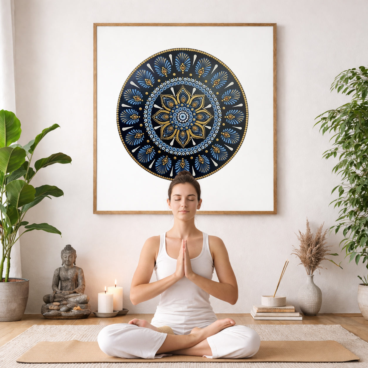 Mandala with ornate gold outer rim and layered symmetrical patterns, elegant meditation artwork printed on a mindfulness poster.  The mandala poster is framed and is in the center of the living room wall. A woman is meditating facing toward the front with praying hands. There is a potted green plant to her right and a potted green plant and Buddha statue to her left.
