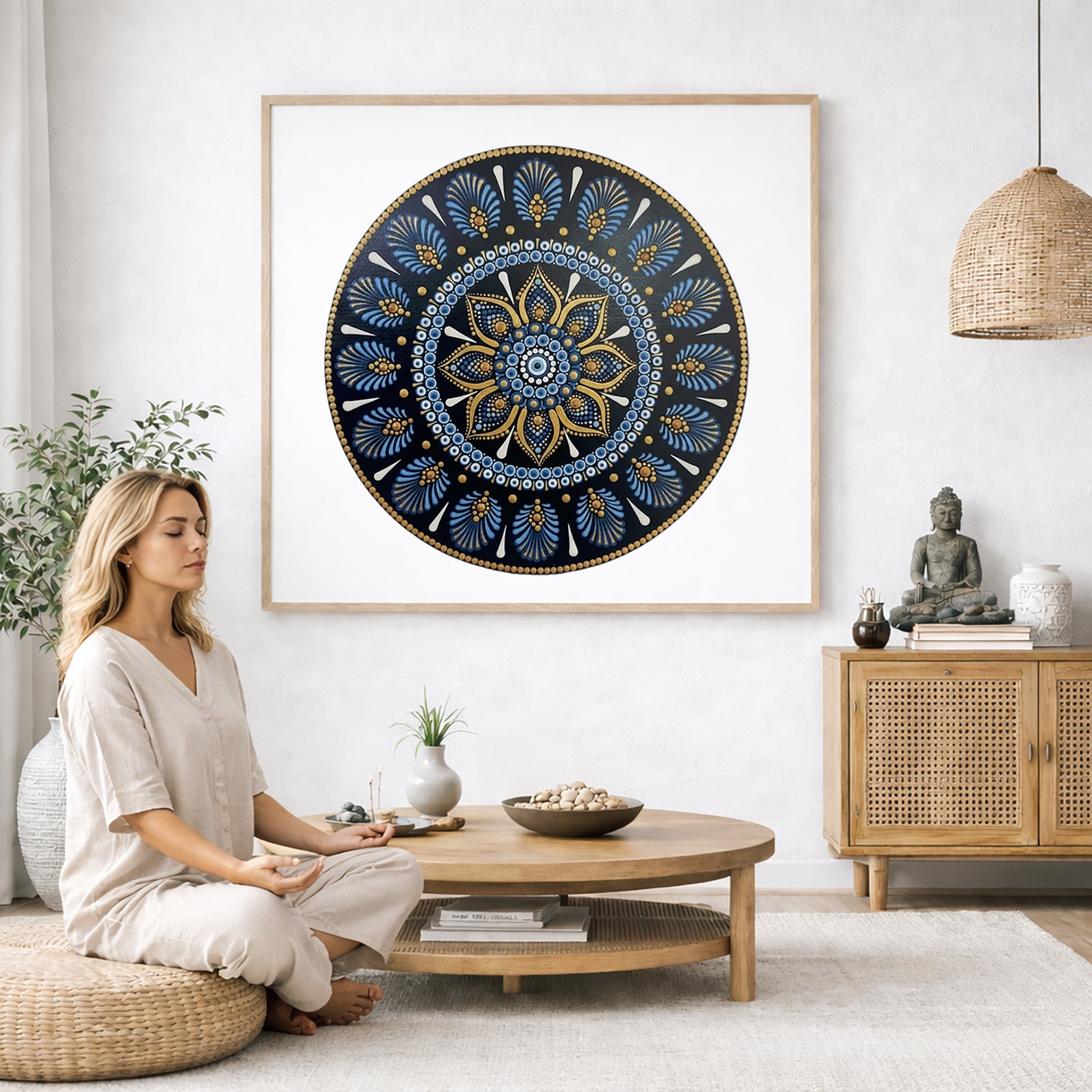 Mandala with ornate gold outer rim and layered symmetrical patterns, elegant meditation artwork printed on a mindfulness poster.  The mandala poster is framed and is in the center of the living room wall. A woman is on a chair on the left side of his living room meditating. There is a green potted plant behind her. On the right side is a cabinet with a Buddha statue on it.  
