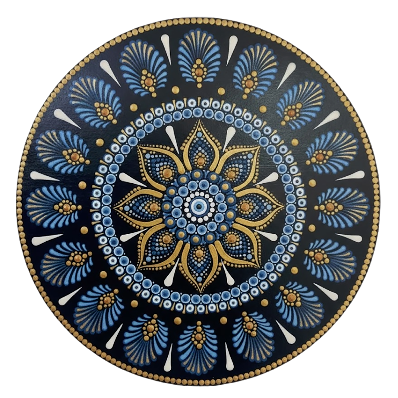 Thumbnail of a Mandala with ornate gold outer rim and layered symmetrical patterns, elegant meditation artwork printed on a mindfulness poster.  This is a print of the original hand-painted mandala by Brazilian artist Claudia Stagni.
