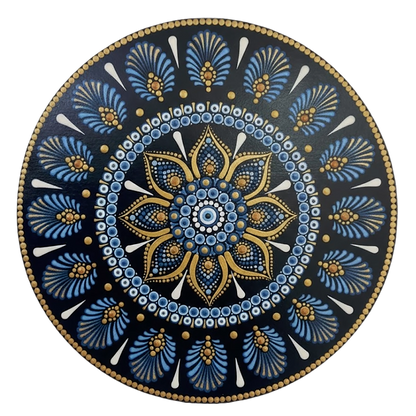 Thumbnail of a Mandala with ornate gold outer rim and layered symmetrical patterns, elegant meditation artwork printed on a mindfulness poster.  This is a print of the original hand-painted mandala by Brazilian artist Claudia Stagni.
