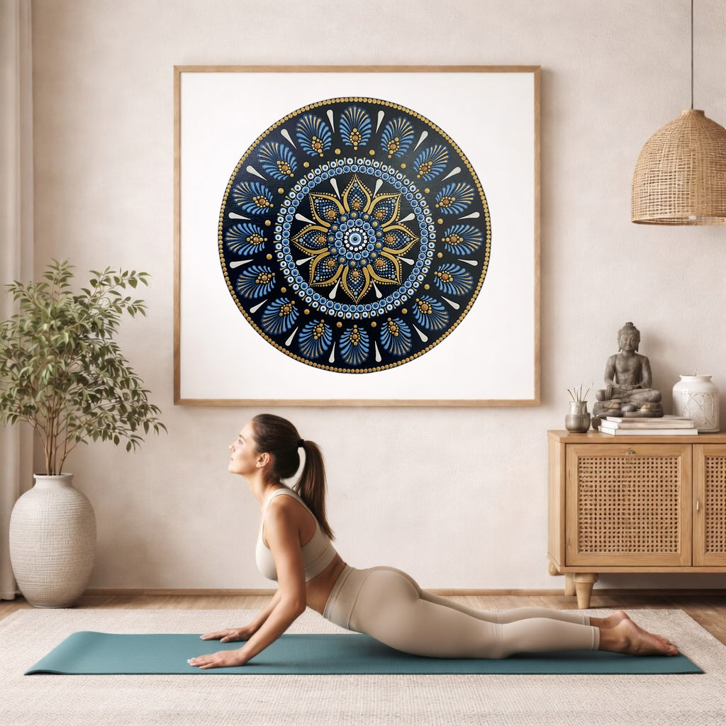 Mandala with ornate gold outer rim and layered symmetrical patterns, elegant meditation artwork printed on a mindfulness poster.  The mandala framed is hanging on the wall. A woman on her yoga mat is doing the cobra pose in front of the poster. here is a potted plant on the left side and a cabinet with a Buddha statue on it on the right side.
