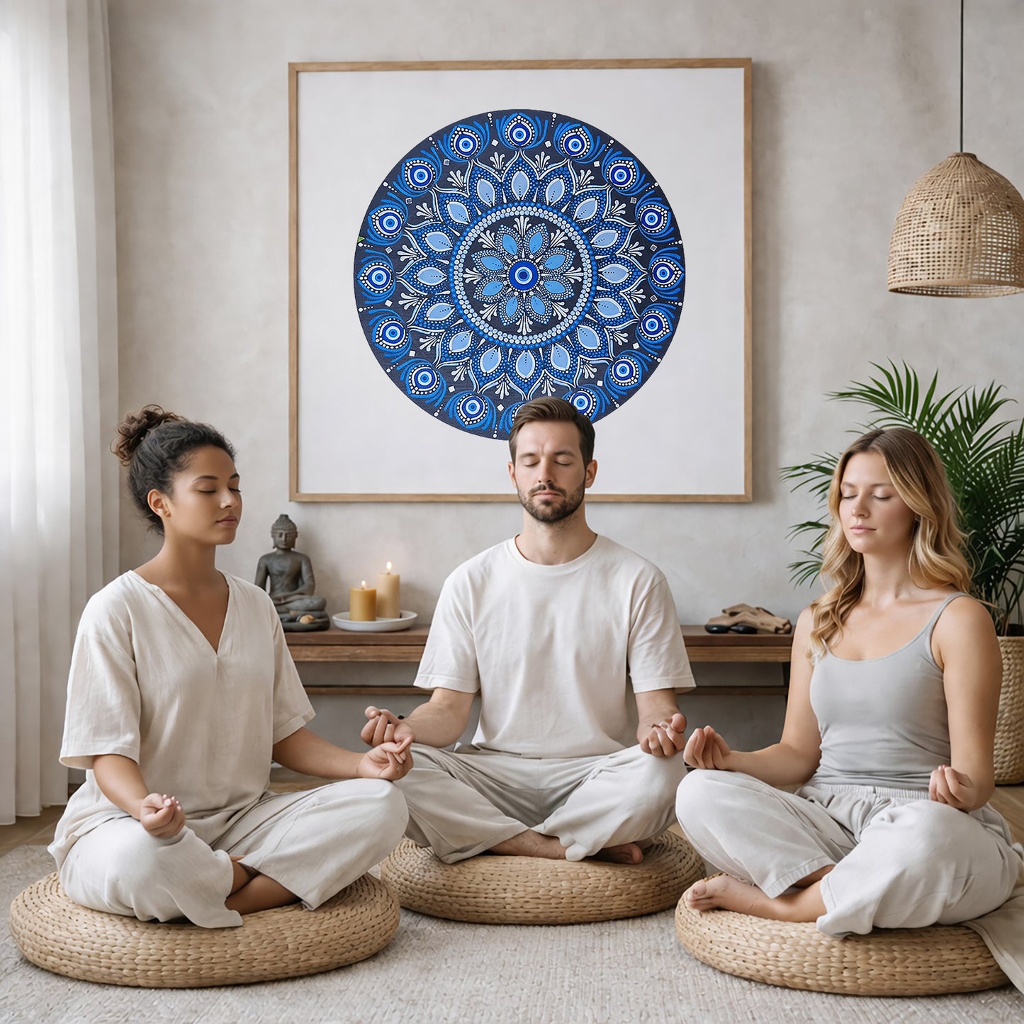 Blue mandala poster featuring intricate circular sacred geometry in deep navy and layered blue tones, detailed dotwork pattern designed for meditation spaces, yoga rooms, and calming wall decor.  Three friends are sitting on wicker pillows meditating in a living room. The mandala framed is on the wall behind them. The table behind them has a Buddha statue and a lit candle. There is a white curtain to the left and a hanging lamp and a potted green plant on the right.
