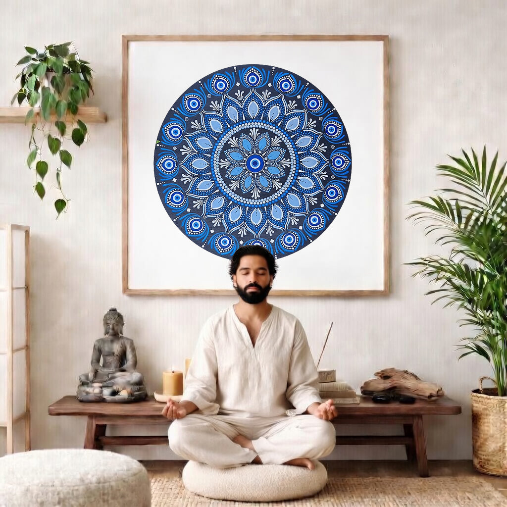 Blue mandala poster featuring intricate circular sacred geometry in deep navy and layered blue tones, detailed dotwork pattern designed for meditation spaces, yoga rooms, and calming wall decor.  The mandala poster is framed and is in the center of the living room wall. There is a man meditating facing away from the wall. Behind him is a coffee table with incense and a Buddha statue. There are potted plants on the right and left side of the background. 
