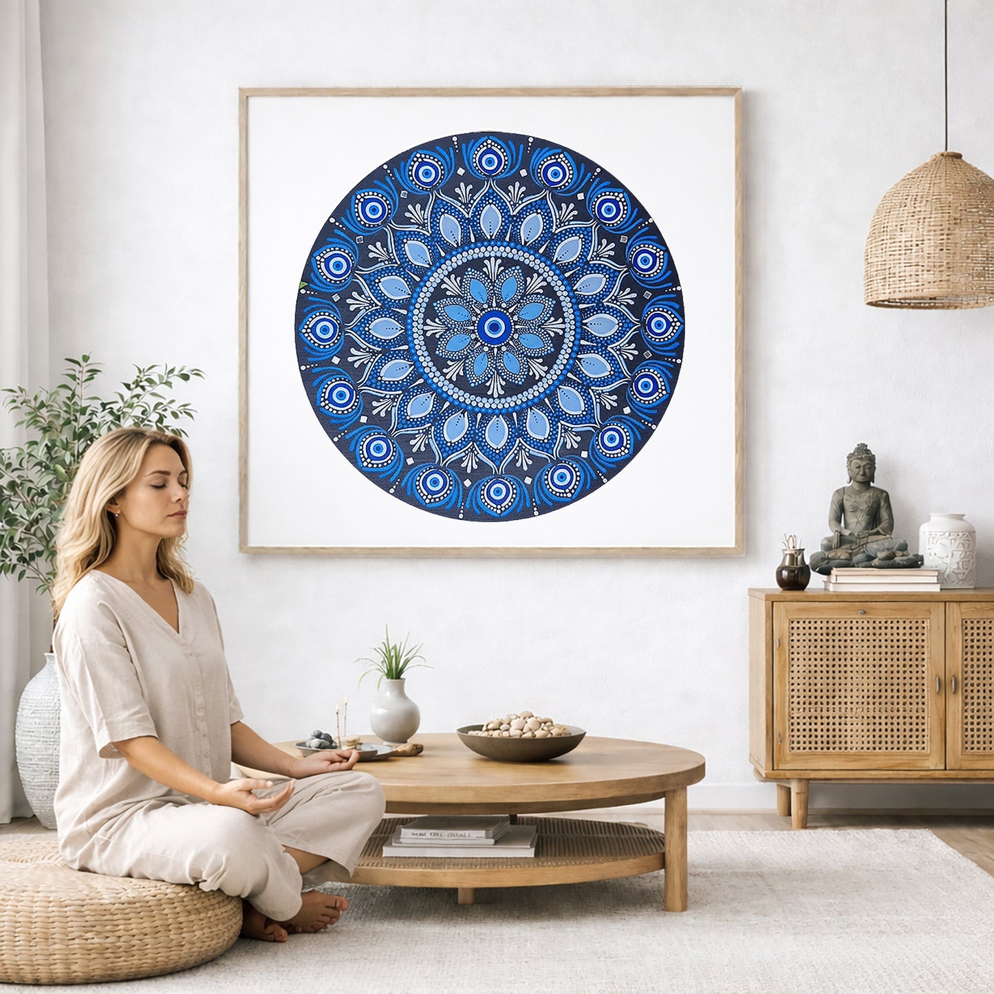 Blue mandala poster featuring intricate circular sacred geometry in deep navy and layered blue tones, detailed dotwork pattern designed for meditation spaces, yoga rooms, and calming wall decor.  The mandala poster is framed and is in the center of the living room wall. A woman is on a chair on the left side of his living room meditating. There is a green potted plant behind her. On the right side is a cabinet with a Buddha statue on it. 