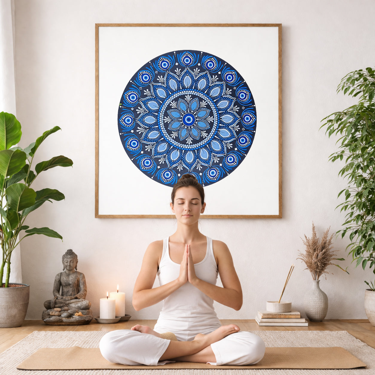 Blue mandala poster featuring intricate circular sacred geometry in deep navy and layered blue tones, detailed dotwork pattern designed for meditation spaces, yoga rooms, and calming wall decor.  The mandala poster is framed and is in the center of the living room wall. A woman is meditating facing toward the front with praying hands. There is a potted green plant to her right and a potted green plant and Buddha statue to her left.
