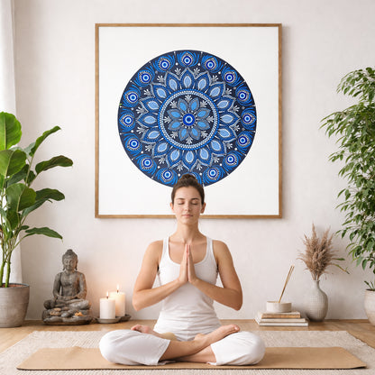 Blue mandala poster featuring intricate circular sacred geometry in deep navy and layered blue tones, detailed dotwork pattern designed for meditation spaces, yoga rooms, and calming wall decor.  The mandala poster is framed and is in the center of the living room wall. A woman is meditating facing toward the front with praying hands. There is a potted green plant to her right and a potted green plant and Buddha statue to her left.
