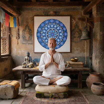 Blue mandala poster featuring intricate circular sacred geometry in deep navy and layered blue tones, detailed dotwork pattern designed for meditation spaces, yoga rooms, and calming wall decor.  A man is meditating in a Buddhist temple. The mandala is on the wall behind him. There is a table behind him with a Buddha statue on it and burning incense. To the left is an open window. To the left are some clay pots and a bell. The wall behind him has very old faded images on it.