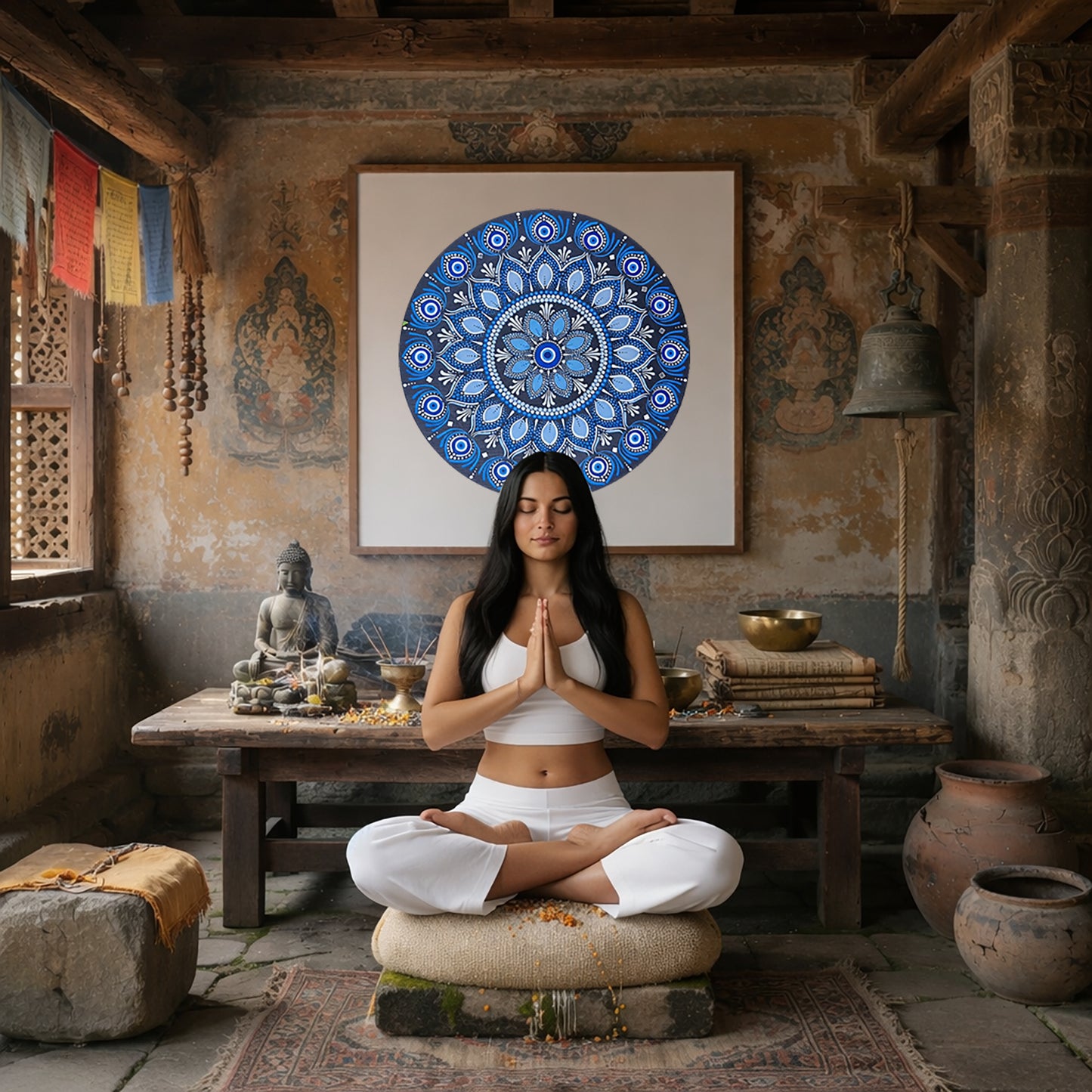 Blue mandala poster featuring intricate circular sacred geometry in deep navy and layered blue tones, detailed dotwork pattern designed for meditation spaces, yoga rooms, and calming wall decor. A woman is meditating in a Buddhist temple. The mandala is on the wall behind her. There is a table behind her with a Buddha statue on it and burning incense. To the left is an open window. To the left are some clay pots and a bell. The wall behind her has very old faded images on it.