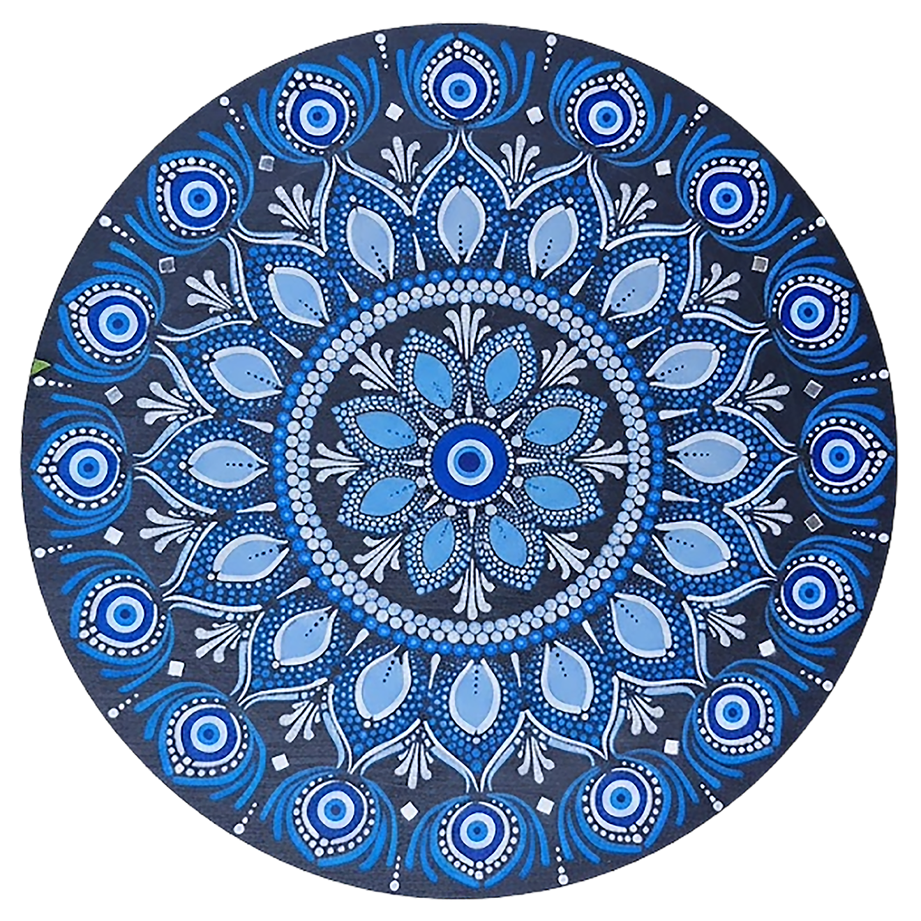 Thumbnail of a Blue mandala poster featuring intricate circular sacred geometry in deep navy and layered blue tones, detailed dotwork pattern designed for meditation spaces, yoga rooms, and calming wall decor.  This is a print of the original hand-painted mandala by Brazilian artist Claudia Stagni.