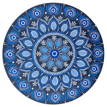 Thumbnail of a Blue mandala poster featuring intricate circular sacred geometry in deep navy and layered blue tones, detailed dotwork pattern designed for meditation spaces, yoga rooms, and calming wall decor.  This is a print of the original hand-painted mandala by Brazilian artist Claudia Stagni.