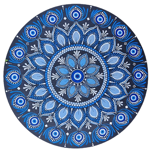 Thumbnail of a Blue mandala poster featuring intricate circular sacred geometry in deep navy and layered blue tones, detailed dotwork pattern designed for meditation spaces, yoga rooms, and calming wall decor.  This is a print of the original hand-painted mandala by Brazilian artist Claudia Stagni.