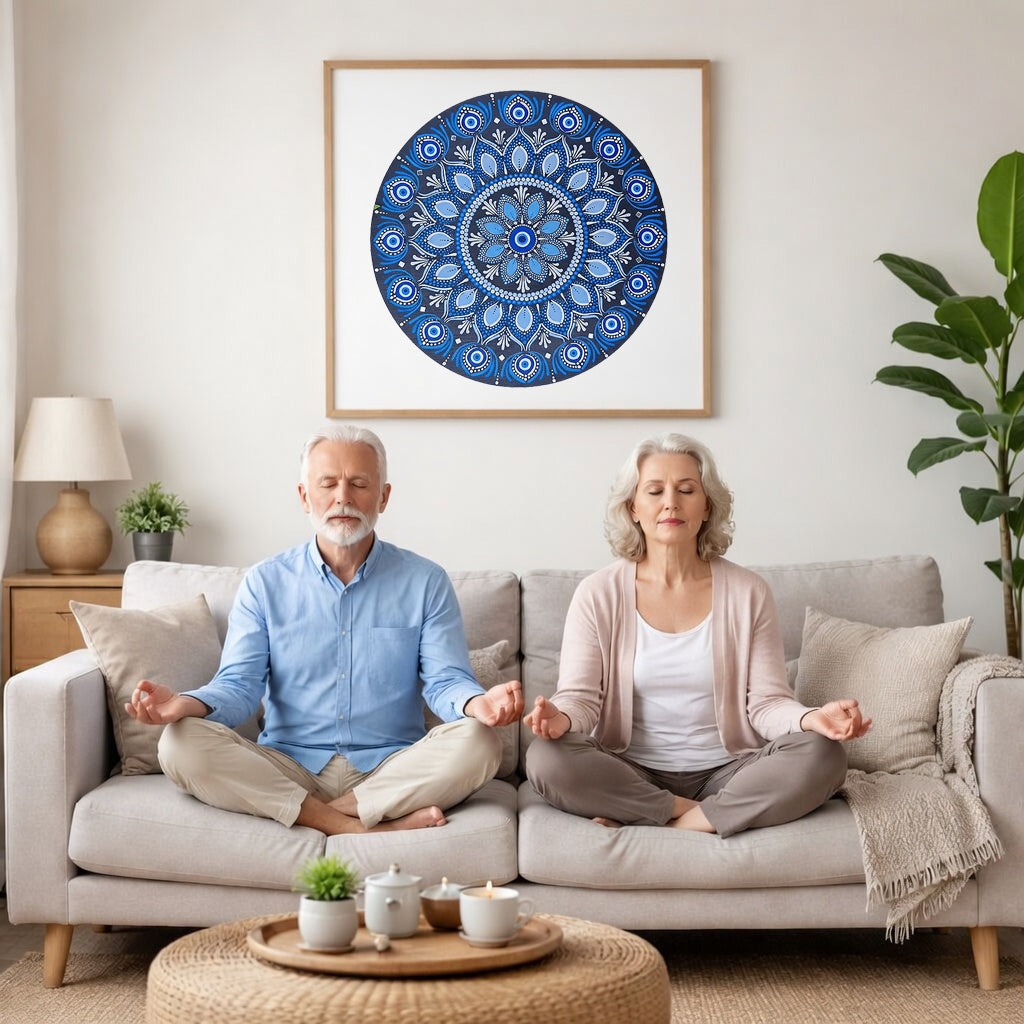 Blue mandala poster featuring intricate circular sacred geometry in deep navy and layered blue tones, detailed dotwork pattern designed for meditation spaces, yoga rooms, and calming wall decor.  A couple is meditating on their couch. The mandala is framed on a wall behind them. There is a coffee table in front with candles burning and a potted plant. There is a potted plant to the right and shelves on the left.
