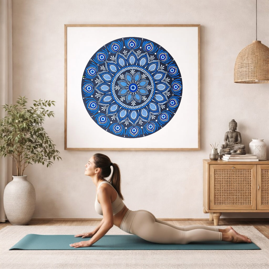 Blue mandala poster featuring intricate circular sacred geometry in deep navy and layered blue tones, detailed dotwork pattern designed for meditation spaces, yoga rooms, and calming wall decor.  The mandala framed is hanging on the wall. A woman on her yoga mat is doing the cobra pose in front of the poster. here is a potted plant on the left side and a cabinet with a Buddha statue on it on the right side.
