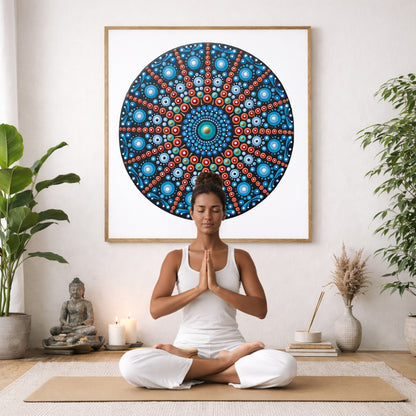 Mandala with repeating red line patterns forming symmetrical geometry, dynamic meditation design printed on a poster.  The mandala poster is framed and is in the center of the living room wall. There is a woman meditating facing away from the wall. Behind her is a coffee table with incense and a Buddha statue. There are potted plants on the right and left side of the background. 
