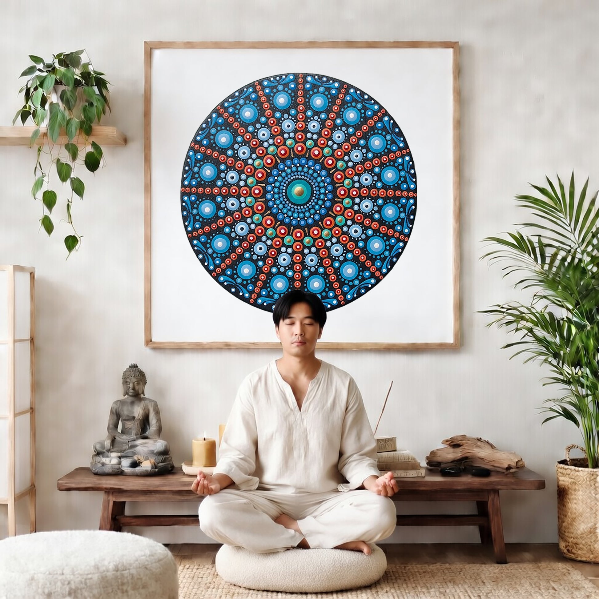 Mandala with repeating red line patterns forming symmetrical geometry, dynamic meditation design printed on a poster. The mandala poster is framed and is in the center of the living room wall. There is a man meditating facing away from the wall. Behind him is a coffee table with incense and a Buddha statue. There are potted plants on the right and left side of the background. 
