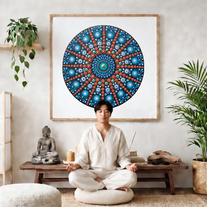 Mandala with repeating red line patterns forming symmetrical geometry, dynamic meditation design printed on a poster. The mandala poster is framed and is in the center of the living room wall. There is a man meditating facing away from the wall. Behind him is a coffee table with incense and a Buddha statue. There are potted plants on the right and left side of the background. 

