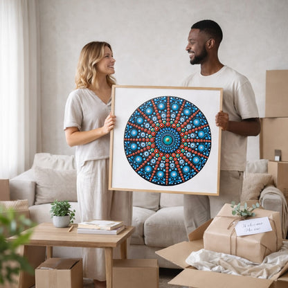 Mandala with repeating red line patterns forming symmetrical geometry, dynamic meditation design printed on a poster.  A couple moving into their new home hold up the framed mandala poster in their living room. There is a couch and several moving boxes in the background.
