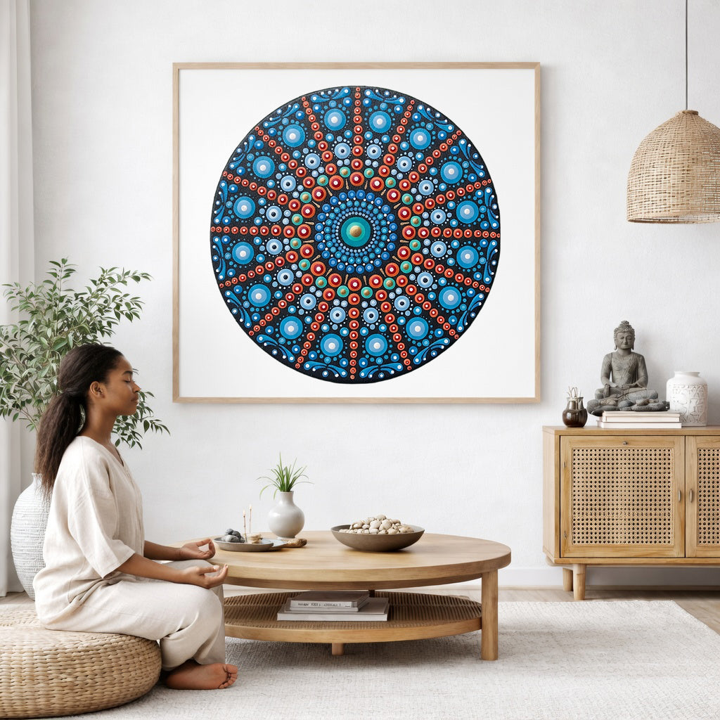 Mandala with repeating red line patterns forming symmetrical geometry, dynamic meditation design printed on a poster.  
The mandala poster is framed and is in the center of the living room wall. A woman is on a chair on the left side of his living room meditating. There is a green potted plant behind her. On the right side is a cabinet with a Buddha statue on it.
