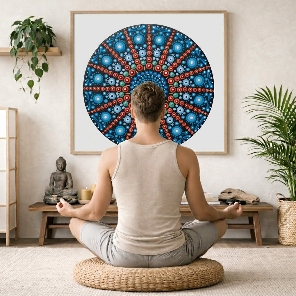Mandala with repeating red line patterns forming symmetrical geometry, dynamic meditation design printed on a poster.  The mandala is framed hanging on a living room wall. A man is mediating facing the mandala. There is a coffee table in front of him with burning candles and a Buddha statue. There are green potted plants on each side of the room.
