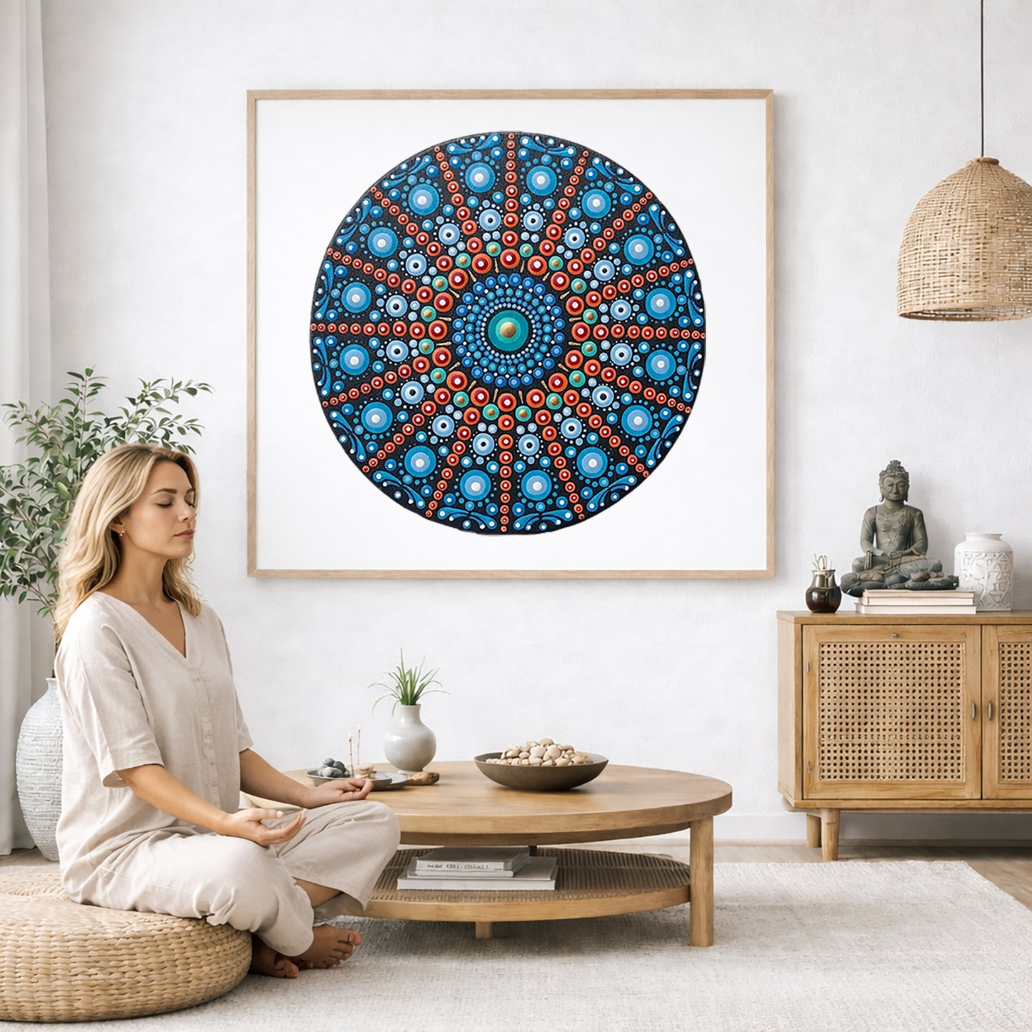 Mandala with repeating red line patterns forming symmetrical geometry, dynamic meditation design printed on a poster.  The mandala poster is in the center of the living room wall. A woman is on a chair on the left side of his living room meditating. There is a green potted plant behind her. On the right side is a cabinet with a Buddha statue on it.
