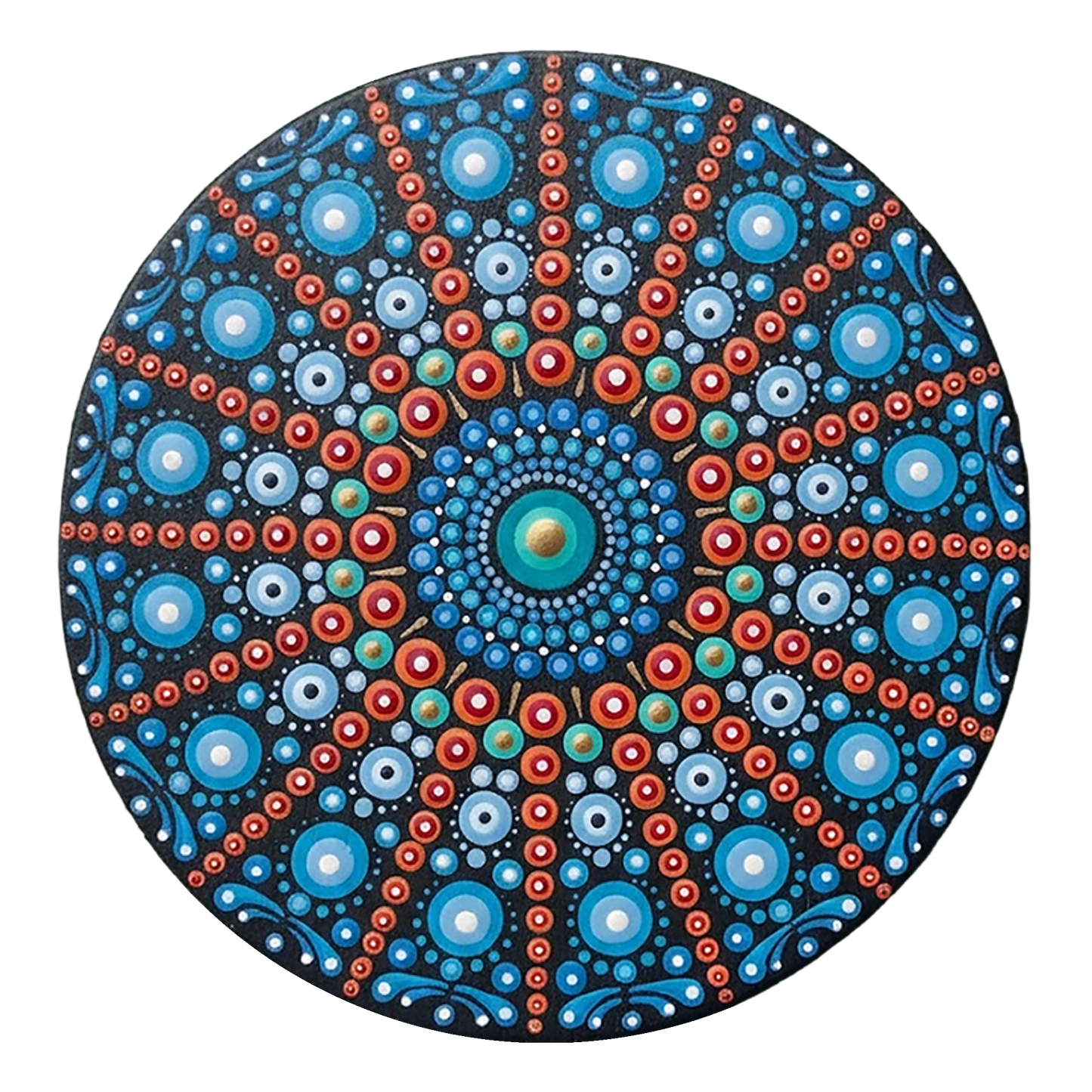 Thumbnail of a Mandala with repeating red line patterns forming symmetrical geometry, dynamic meditation design printed on a poster.  This is a print of the original hand-painted mandala by Brazilian artist Claudia Stagni.