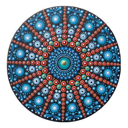 Thumbnail of a Mandala with repeating red line patterns forming symmetrical geometry, dynamic meditation design printed on a poster.  This is a print of the original hand-painted mandala by Brazilian artist Claudia Stagni.