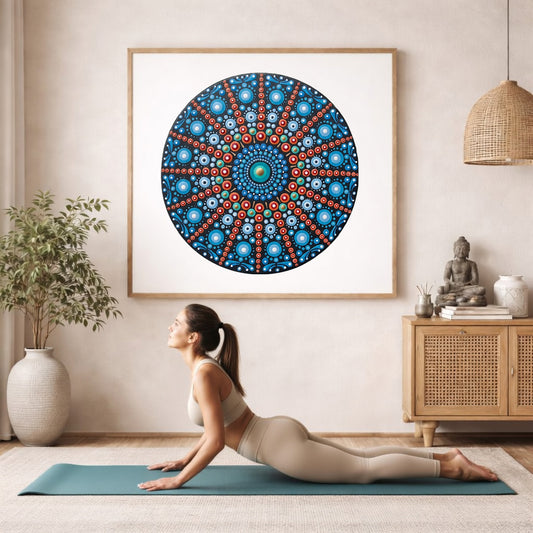 Mandala with repeating red line patterns forming symmetrical geometry, Thumbnail dynamic meditation design printed on a poster.  The mandala framed is hanging on the wall. A woman on her yoga mat is doing the cobra pose in front of the poster. here is a potted plant on the left side and a cabinet with a Buddha statue on it on the right side.
