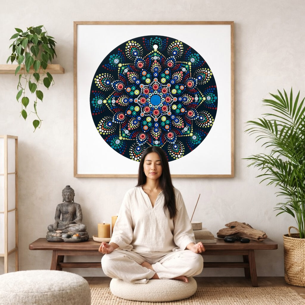 Mandala with blue and white center surrounded by layered circular patterns, calming meditation artwork on a mindfulness poster.  The mandala poster is framed and is in the center of the living room wall. There is a woman meditating facing away from the wall. Behind her is a coffee table with incense and a Buddha statue. There are potted plants on the right and left side of the background. 
