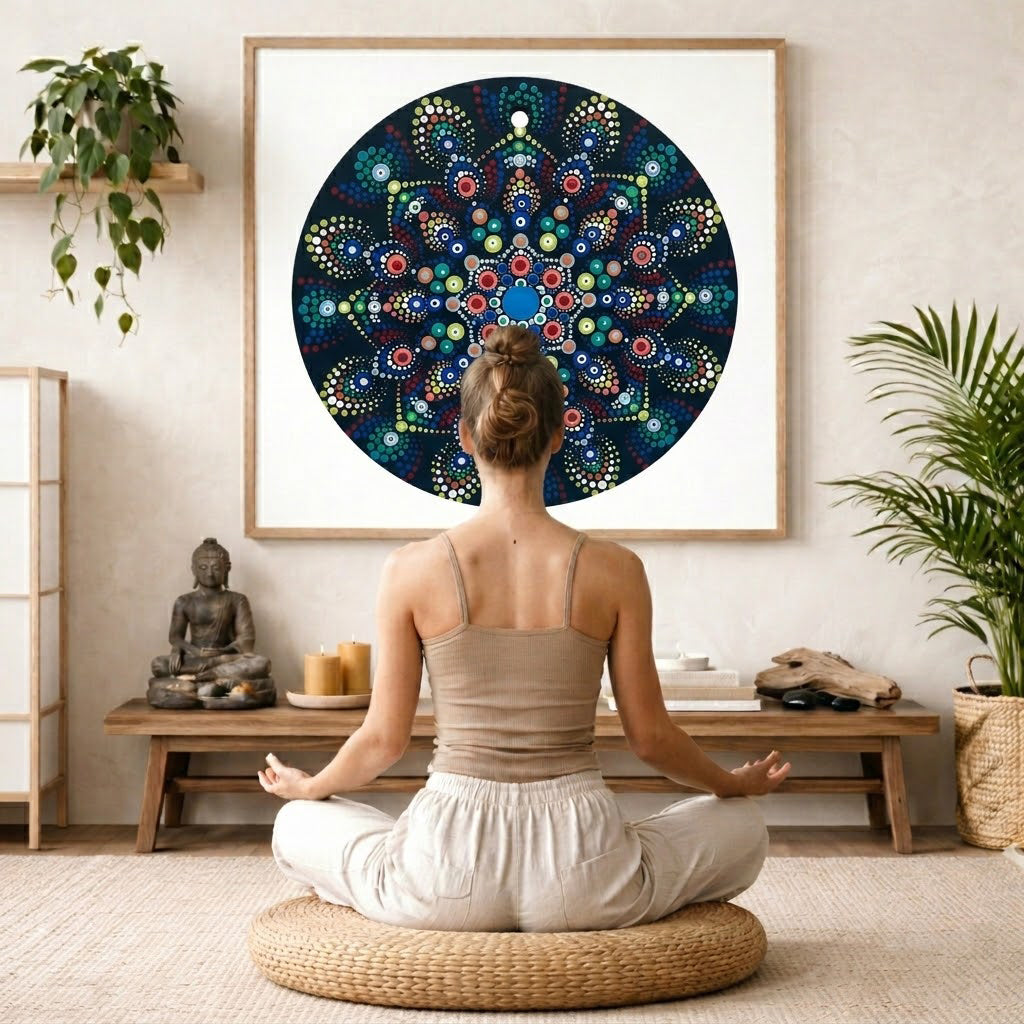 Mandala with blue and white center surrounded by layered circular patterns, calming meditation artwork on a mindfulness poster. The mandala is framed hanging on a living room wall. A woman is mediating facing the mandala. There is a coffee table in front of her with burning candles and a Buddha statue. There are green potted plants on each side of the room.
