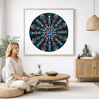 Mandala with blue and white center surrounded by layered circular patterns, calming meditation artwork on a mindfulness poster.  The mandala poster is framed and is in the center of the living room wall. A woman is on a chair on the left side of his living room meditating. There is a green potted plant behind her. On the right side is a cabinet with a Buddha statue on it.  
