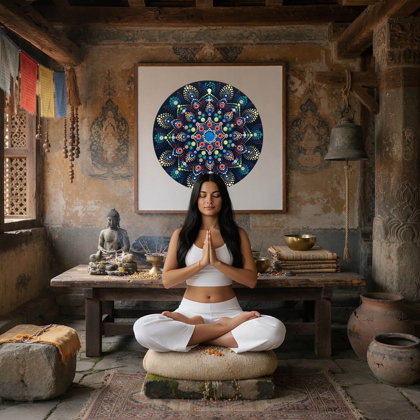 Mandala with blue and white center surrounded by layered circular patterns, calming meditation artwork on a mindfulness poster. A woman is meditating in a Buddhist temple. The mandala is on the wall behind her. There is a table behind her with a Buddha statue on it and burning incense. To the left is an open window. To the left are some clay pots and a bell. The wall behind her has very old faded images on it.
