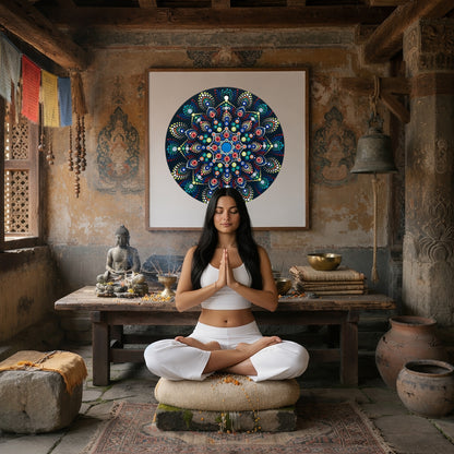 Mandala with blue and white center surrounded by layered circular patterns, calming meditation artwork on a mindfulness poster. A woman is meditating in a Buddhist temple. The mandala is on the wall behind her. There is a table behind her with a Buddha statue on it and burning incense. To the left is an open window. To the left are some clay pots and a bell. The wall behind her has very old faded images on it.