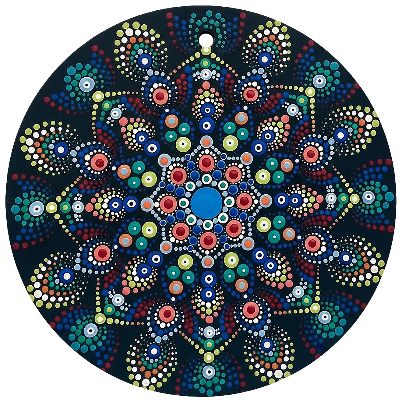 Thumbnail of a Mandala with blue and white center surrounded by layered circular patterns, calming meditation artwork on a mindfulness poster.  This is a print of the original hand-painted mandala by Brazilian artist Claudia Stagni.

