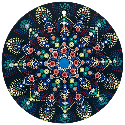 Thumbnail of a Mandala with blue and white center surrounded by layered circular patterns, calming meditation artwork on a mindfulness poster.  This is a print of the original hand-painted mandala by Brazilian artist Claudia Stagni.
