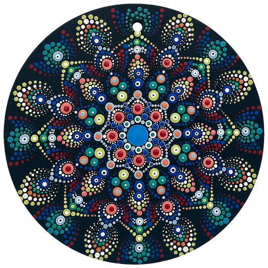 Thumbnail of a Mandala with blue and white center surrounded by layered circular patterns, calming meditation artwork on a mindfulness poster.  This is a print of the original hand-painted mandala by Brazilian artist Claudia Stagni.
