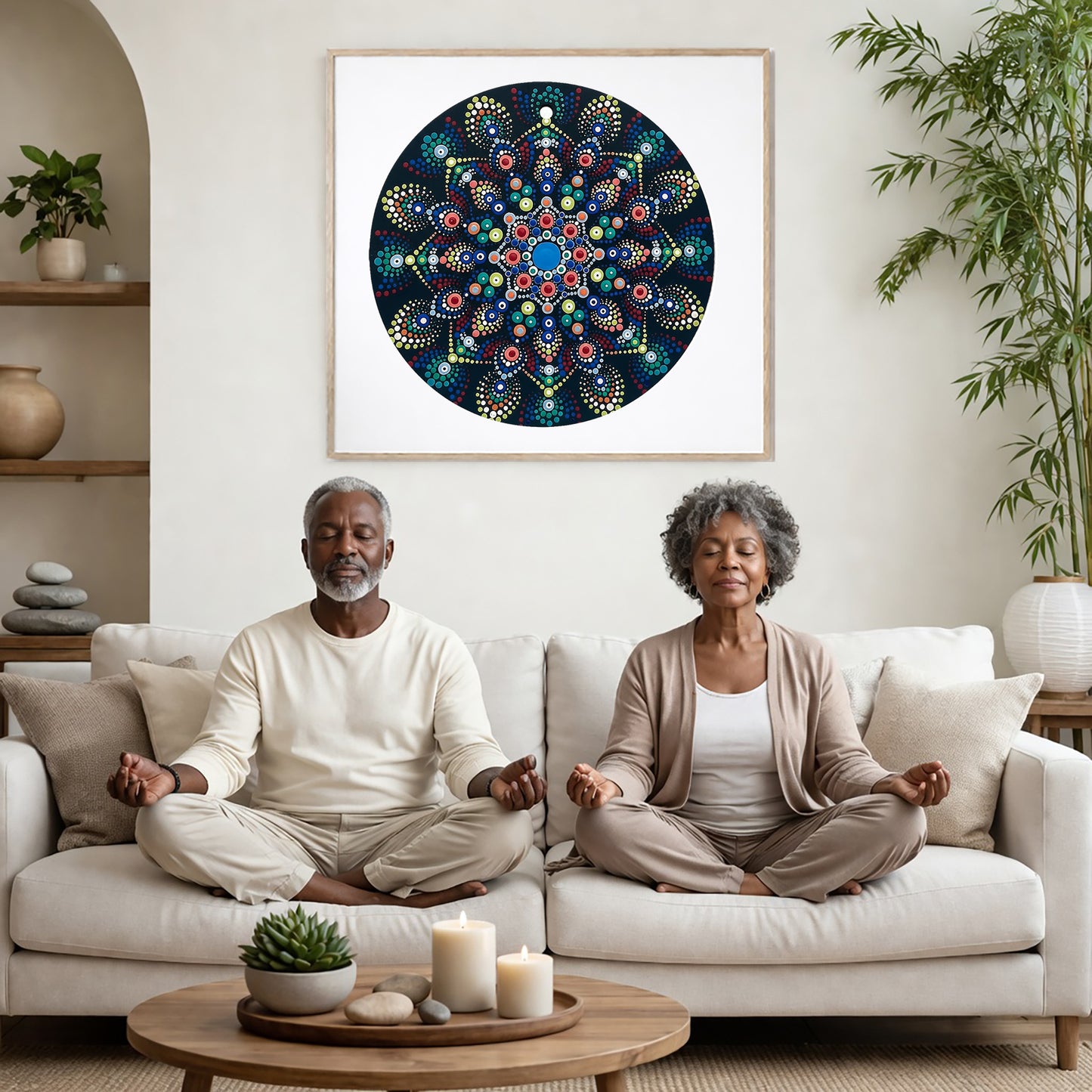 Mandala with blue and white center surrounded by layered circular patterns, calming meditation artwork on a mindfulness poster.  A couple is meditating on their couch. The mandala is framed on a wall behind them. There is a coffee table in front with candles burning and a potted plant. There is a potted plant to the right and shelves on the left.
