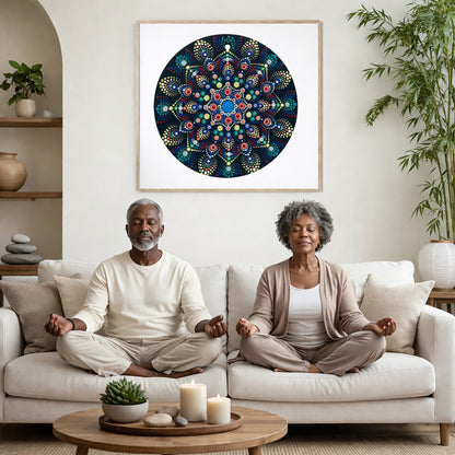 Mandala with blue and white center surrounded by layered circular patterns, calming meditation artwork on a mindfulness poster.  A couple is meditating on their couch. The mandala is framed on a wall behind them. There is a coffee table in front with candles burning and a potted plant. There is a potted plant to the right and shelves on the left.
