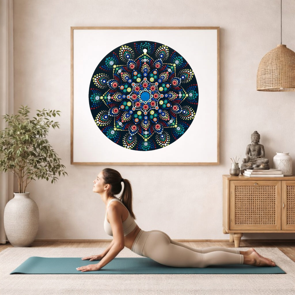 Mandala with blue and white center surrounded by layered circular patterns, calming meditation artwork on a mindfulness poster.  The mandala framed is hanging on the wall. A woman on her yoga mat is doing the cobra pose in front of the poster. here is a potted plant on the left side and a cabinet with a Buddha statue on it on the right side.
