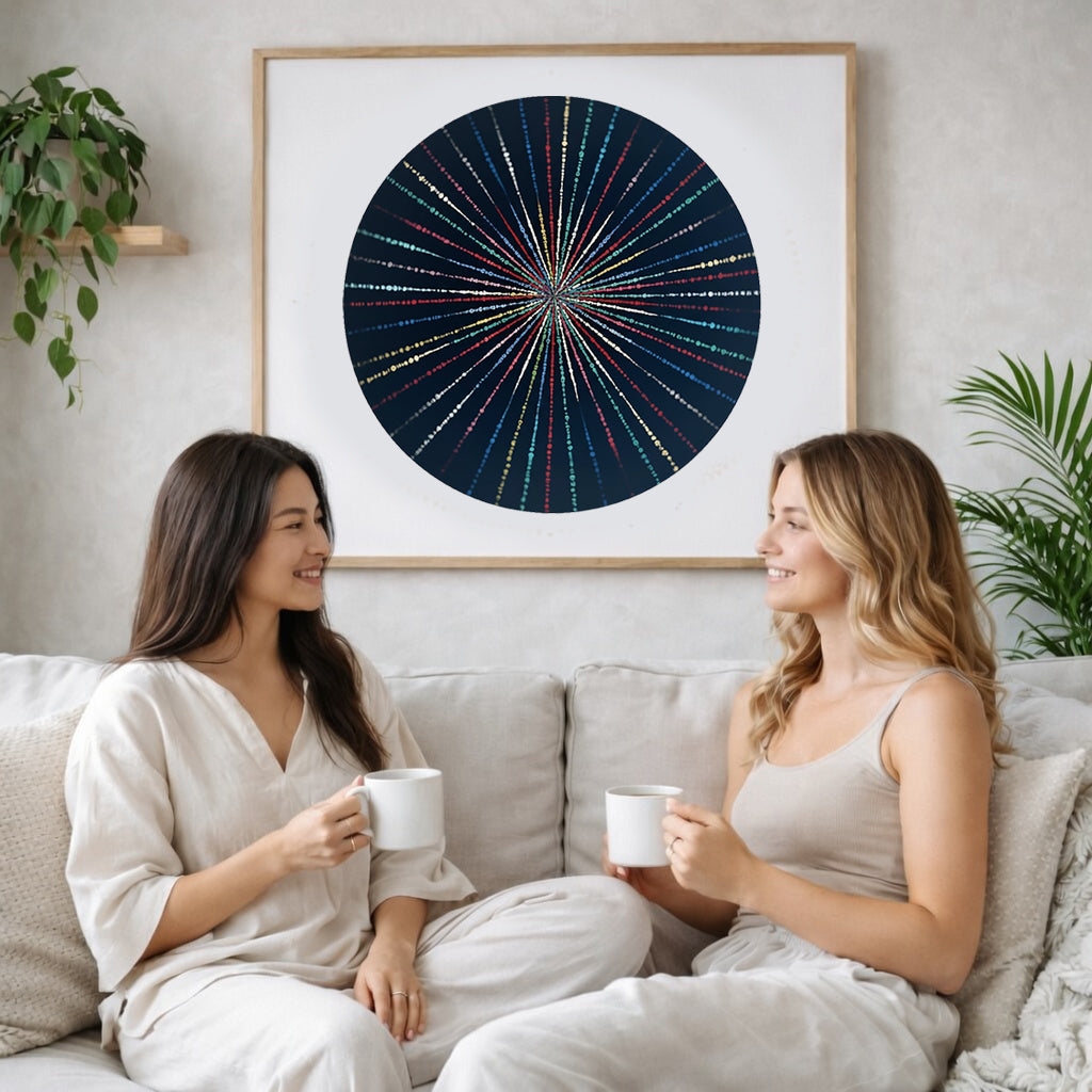 Mandala with flowing light-like patterns radiating outward in symmetry, luminous meditation artwork printed on a mindfulness poster. The mandala poster is framed and is in the center of the living room wall. Two female friends are having tea, Behind them are two green plants.
