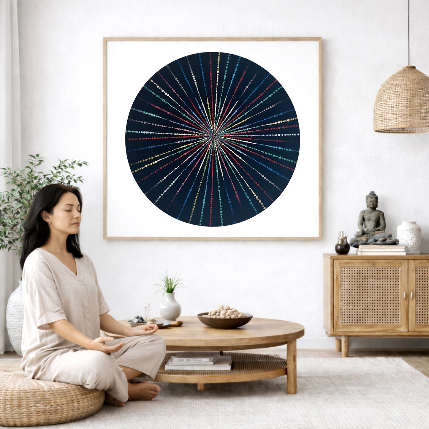 Mandala with flowing light-like patterns radiating outward in symmetry, luminous meditation artwork printed on a mindfulness poster. The mandala poster is framed and is in the center of the living room wall. A woman is on a chair on the left side of his living room meditating. There is a green potted plant behind her. On the right side is a cabinet with a Buddha statue on it. 