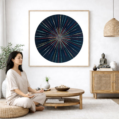 Mandala with flowing light-like patterns radiating outward in symmetry, luminous meditation artwork printed on a mindfulness poster. The mandala poster is framed and is in the center of the living room wall. A woman is on a chair on the left side of his living room meditating. There is a green potted plant behind her. On the right side is a cabinet with a Buddha statue on it. 