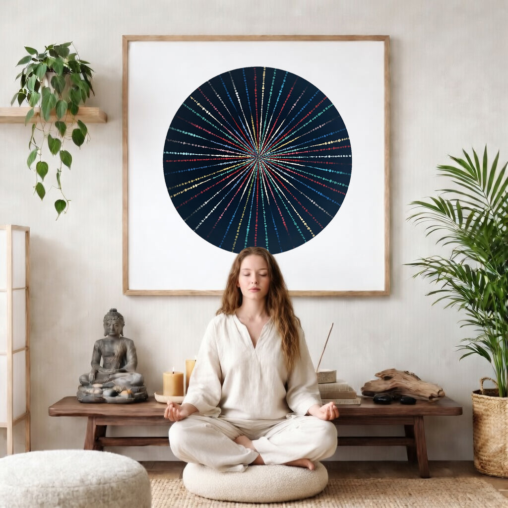 Mandala with flowing light-like patterns radiating outward in symmetry, luminous meditation artwork printed on a mindfulness poster.  The mandala poster is framed and is in the center of the living room wall. There is a woman meditating facing away from the wall. Behind her is a coffee table with incense and a Buddha statue. There are potted plants on the right and left side of the background. 
