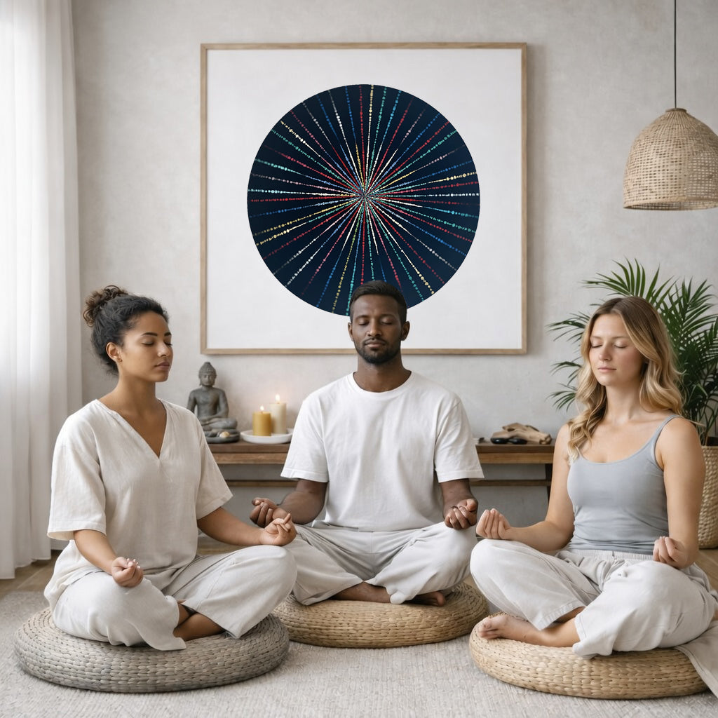 Mandala with flowing light-like patterns radiating outward in symmetry, luminous meditation artwork printed on a mindfulness poster. Three friends are sitting on wicker pillows meditating in a living room. The mandala framed is on the wall behind them. The table behind them has a Buddha statue and a lit candle. There is a white curtain to the left and a hanging lamp and a potted green plant on the right.