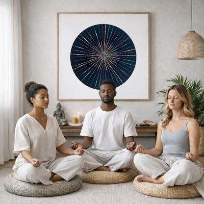 Mandala with flowing light-like patterns radiating outward in symmetry, luminous meditation artwork printed on a mindfulness poster. Three friends are sitting on wicker pillows meditating in a living room. The mandala framed is on the wall behind them. The table behind them has a Buddha statue and a lit candle. There is a white curtain to the left and a hanging lamp and a potted green plant on the right.