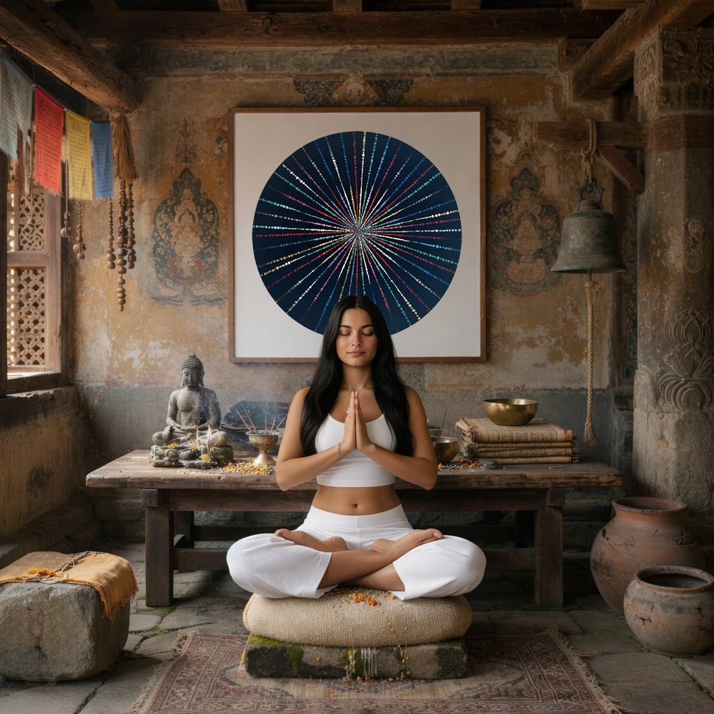 Mandala with flowing light-like patterns radiating outward in symmetry, luminous meditation artwork printed on a mindfulness poster.  A woman is meditating in a Buddhist temple. The mandala is on the wall behind her. There is a table behind her with a Buddha statue on it and burning incense. To the left is an open window. To the left are some clay pots and a bell. The wall behind her has very old faded images on it.