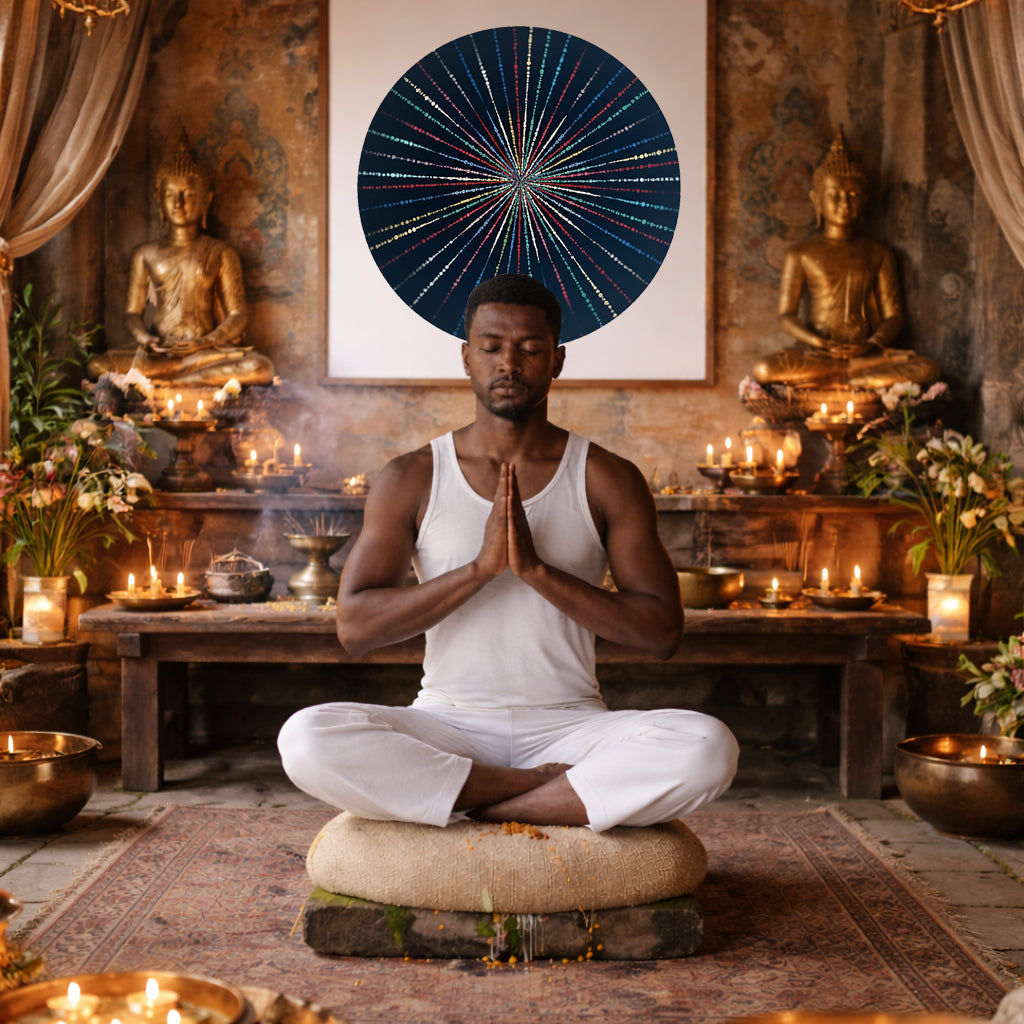 Mandala with flowing light-like patterns radiating outward in symmetry, luminous meditation artwork printed on a mindfulness poster.  A man is meditating in a Buddhist temple. The mandala is framed on the wall behind her. There is a table behind her with burning incense and many candles. There are 2 lit lanterns hanging from the ceiling. There is a golden Buddha behind the woman on both the left and right sides. 