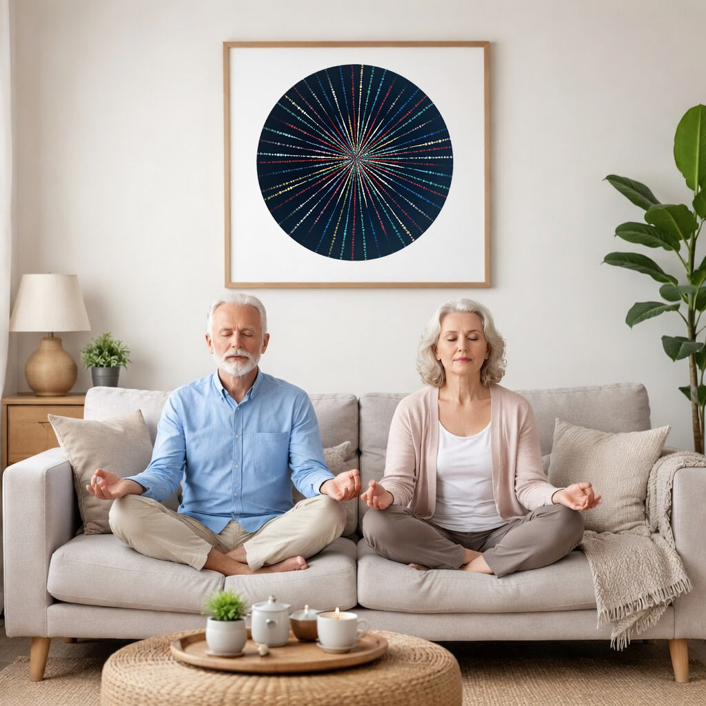 Mandala with flowing light-like patterns radiating outward in symmetry, luminous meditation artwork printed on a mindfulness poster. A couple is meditating on their couch. The mandala is framed on a wall behind them. There is a coffee table in front with candles burning and a potted plant. There is a potted plant to the right and shelves on the left.

