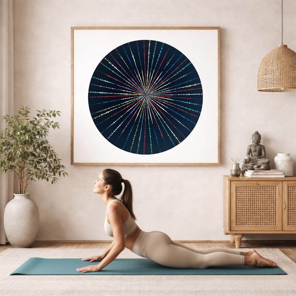Mandala with flowing light-like patterns radiating outward in symmetry, luminous meditation artwork printed on a mindfulness poster.  The mandala framed is hanging on the wall. A woman on her yoga mat is doing the cobra pose in front of the poster. here is a potted plant on the left side and a cabinet with a Buddha statue on it on the right side.
