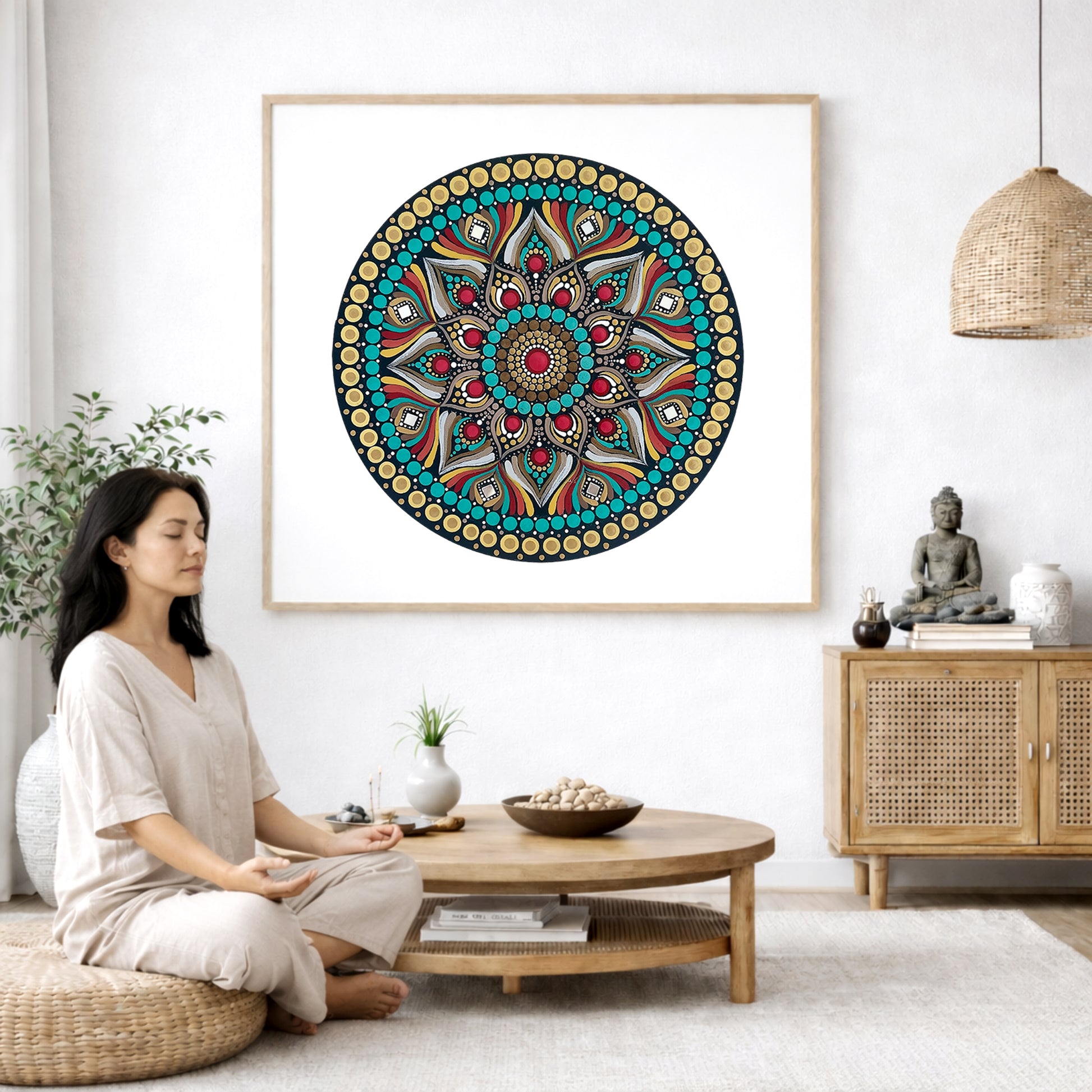 Mandala featuring a bold red center surrounded by intricate circular patterns, striking meditation artwork on a poster.  The mandala poster is framed and is in the center of the living room wall. A woman is on a chair on the left side of his living room meditating. There is a green potted plant behind her. On the right side is a cabinet with a Buddha statue on it.  
