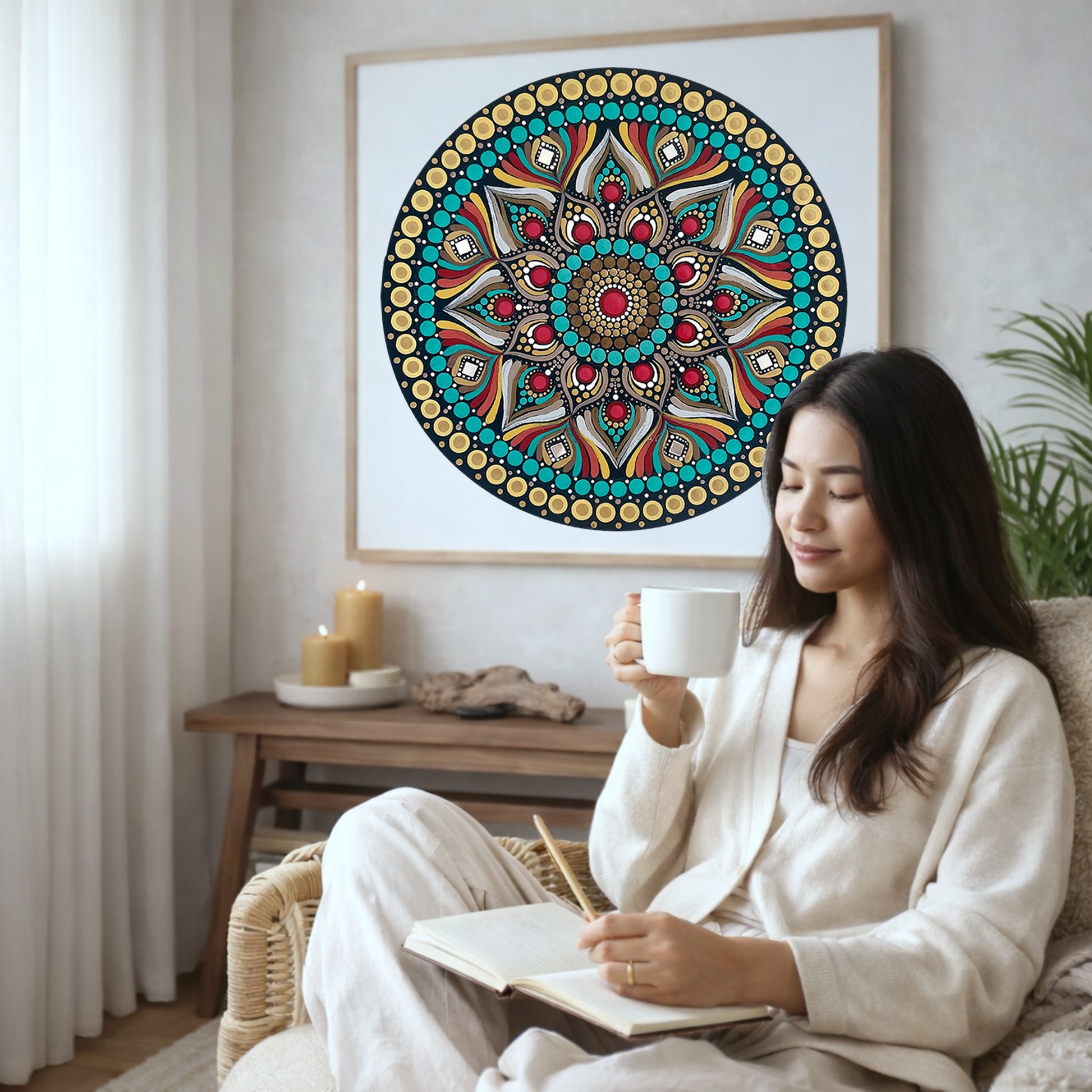 Mandala featuring a bold red center surrounded by intricate circular patterns, striking meditation artwork on a poster.  The mandala poster is framed and is in the center of the living room wall. There is a coffee table below the poster with burning candles. A young woman is sitting in a wicker chair on the right side of the mandala with a cup of tea writing in her journal.
